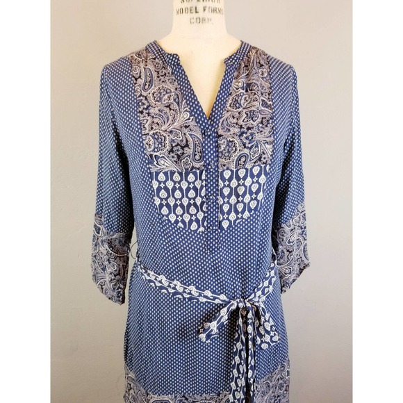 Buttons Brand Navy Blue Print Shirt Dress with Tie Women's Size Small - Picture 2 of 7